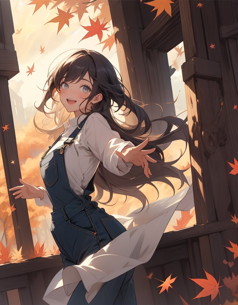 (masterpiece, top quality), high definition, artistic composition, 1 woman, long hair, hands outstretched, white shirt, khaki overalls, frolicking, open mouth smile, spinning, from below, cowboy shot, Dutch angle, autumn sky, country fashion, vibrant, bold composition