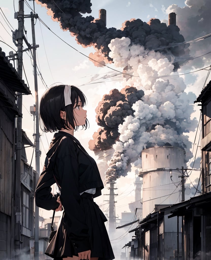 Masterpiece, Top Quality, High Definition, Artistic Composition, 1 girl, blank expression, white shirt, black skirt, 1960s Japan, short hair, crude clothing, gray sky, large factory, many chimneys in a row, lots of smoke coming from large chimneys, melancholy, dark, wide shot, portrait, slum, black fog, 13 year old girl, perspective, looking away