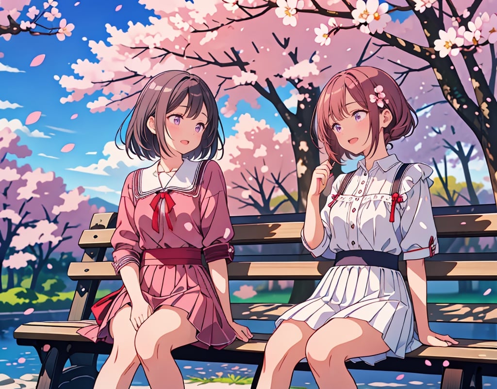  Masterpiece, top quality, high quality, artistic composition, two women, sitting side by side on bench, one laughing, one angry, having conversation, spring coordination, cherry blossom trees, cherry blossoms in full bloom, petals dancing, wide shot, looking away,<lora:659111690174031528:1.0>