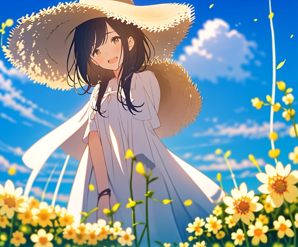 (masterpiece, top quality), 1 girl, high definition, artistic composition, portrait, beautiful field of rape blossoms, woman in white dress, wide brimmed hat, hands behind body, open mouth smiling, spinning, posing, looking at you, wide shot, bending forward, mature, dusk, striking sky, from below,<lora:659111690174031528:1.0>