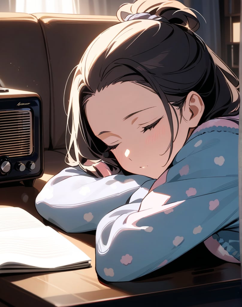 Masterpiece, Top Quality, High Definition, Artistic Composition,1 girl, living room, sleeping with face on table, retro radio on table, sleeping with eyes closed, warm light, loungewear, hair tied back, pleasant