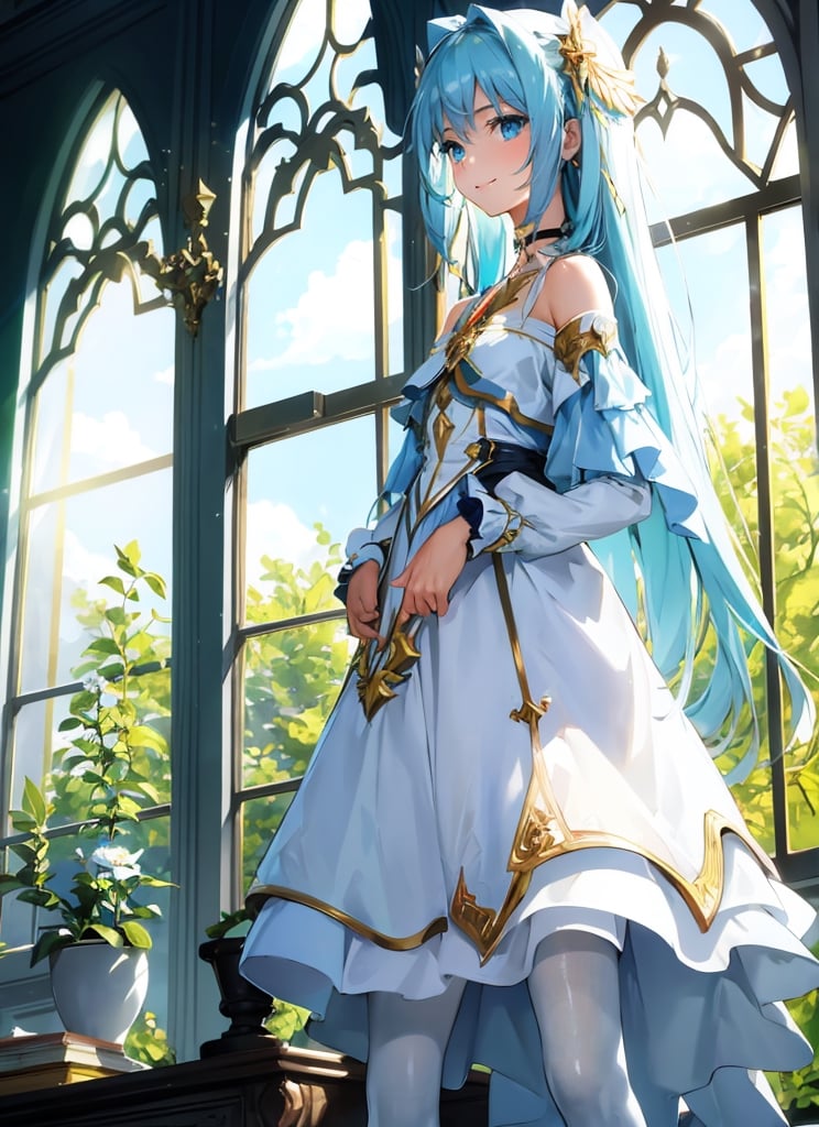 Masterpiece, best quality, 1 girl, gentle smile, light on body, white and blue dress, short skirt, white stockings, anime style fantasy, black and gold choker, red ribbon, light green hair, long hair, blue eyes, fair skin, fantasy, palace, big window behind, standing by window, hands together in front of body, light makes clothes transparent, green outside, blue sky, high definition, artistic angle, backlight, sexy