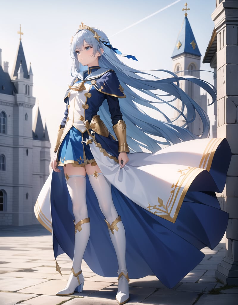 Masterpiece, Top Quality, High Definition, Artistic Composition,1 girl, blue sailor-like battle dress, stylish sword at the ready, wind blowing, clear sky, long light blue hair, gold hair ornament, warrior, fantasy, white tights, long white boots, old castle, bold composition