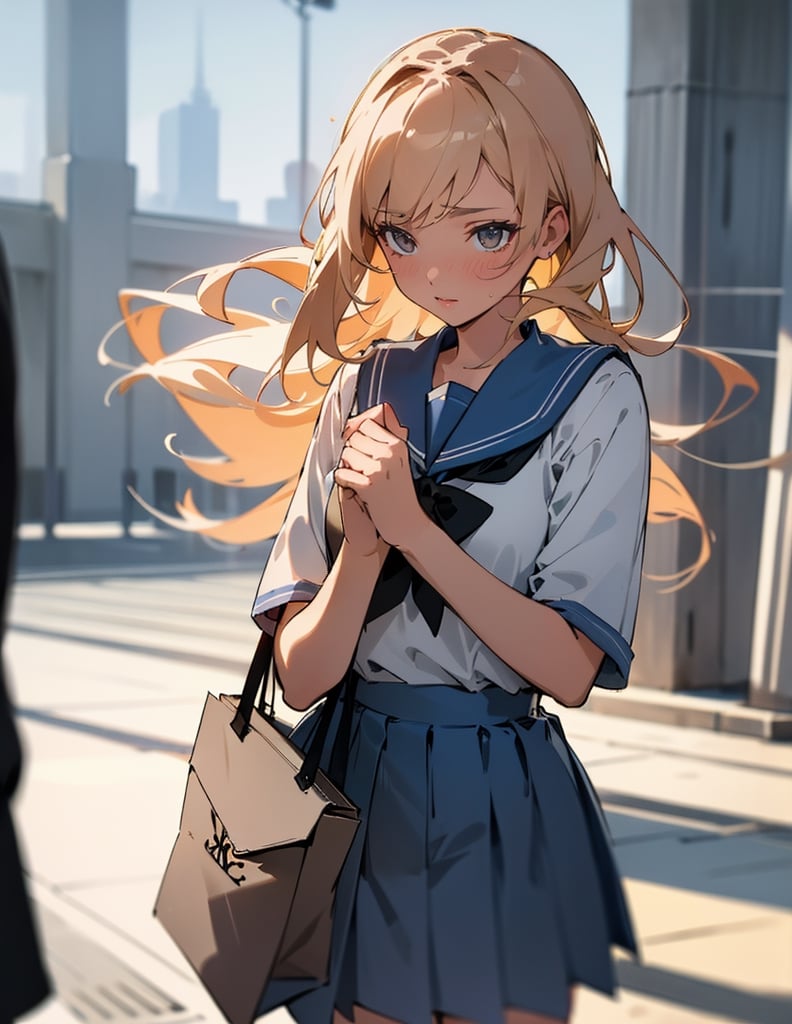 Masterpiece, Top Quality, High Definition, Artistic Composition, 1 girl, presenting a pretty envelope, embarrassed, looking away, blushing, from in front, school, uniform, sailor suit, girlish gesture