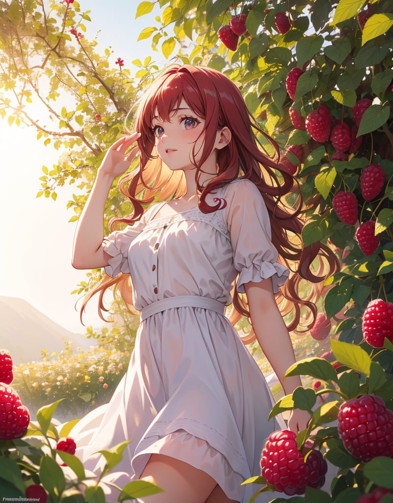 Masterpiece, Top quality, High definition, Artistic composition, 1 girl, raspberry field, picking raspberries, looking away, girlish gesture, white dress, morning dew shining, beautiful light, striking light, bold composition, smiling, chestnut hair, wavy hair, composition from below