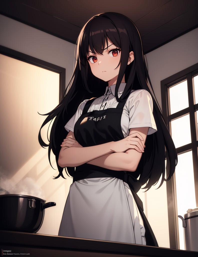 (masterpiece, top quality), high definition, artistic composition, 1 female, dark hair, long hair, from below, arms crossed, scary face staring, backlit, apron, kitchen, hair tied back, Dutch angle, striking light, Wife.