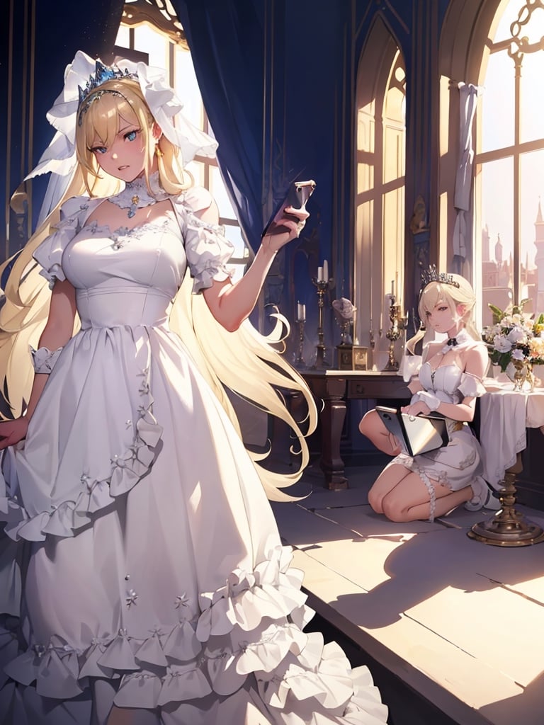 Masterpiece, Top Quality, 1 girl, (Operating Smartphone:1.3), staring at Smartphone, blonde, angry, kneeling, teeth clenched, gorgeous white dress, tiara, in palace, beautiful light blooming, fantasy, high definition, artistic composition, cowboy shot