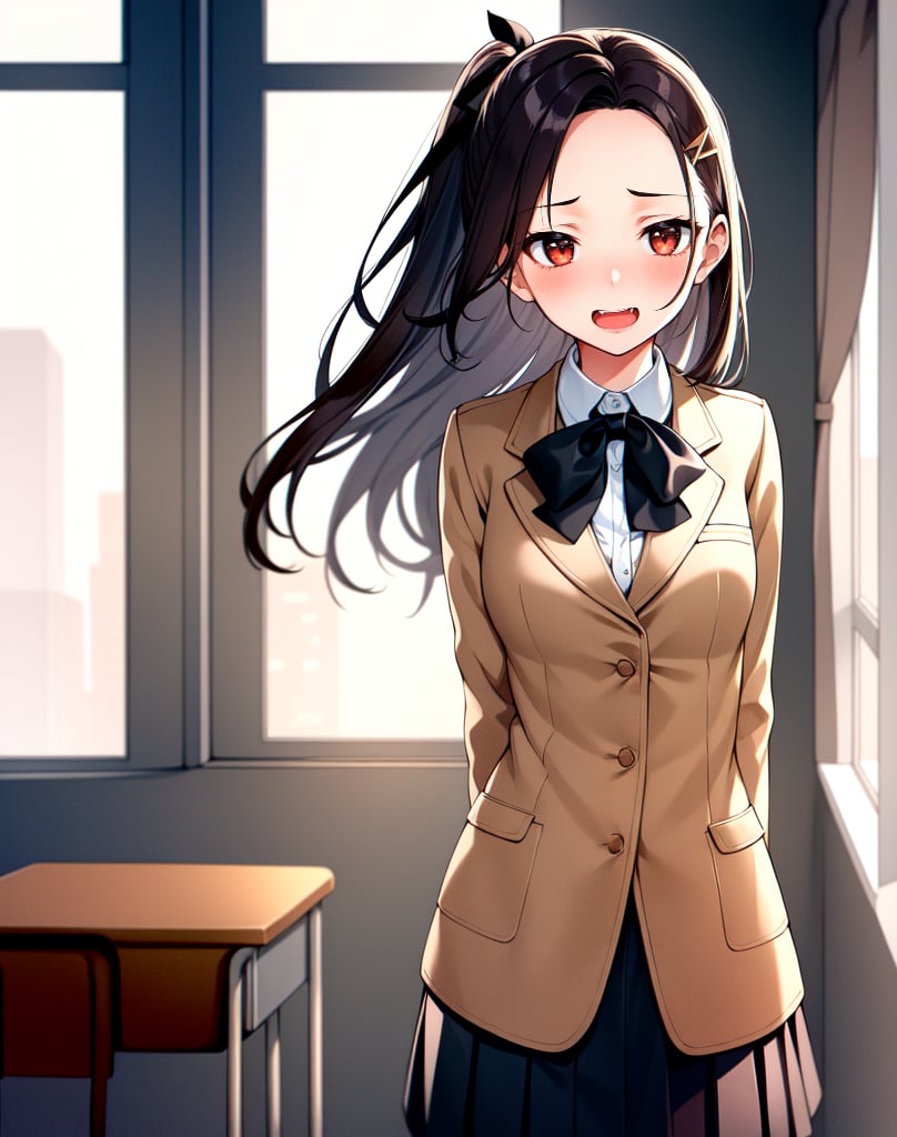 (masterpiece, top quality), high definition, artistic composition, 1 girl, high school student, beige blazer, black ribbon, red and black checked skirt, standing in front of window with hands behind her back, classroom, laughing, troubled, blushing, broad forehead, hairpin, something hidden behind body, portrait