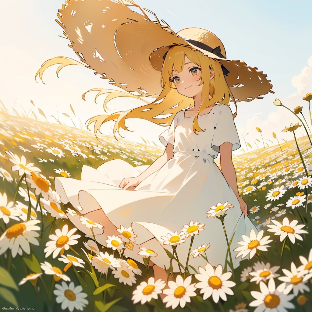 Masterpiece, top quality, high definition, artistic composition, 1 girl, chamomile field, white dress, straw hat, squinting and smiling, from below, looking away, straw hat held down by hand, spinning, bold composition, beautiful light