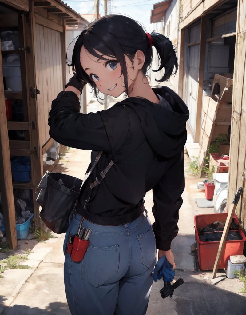 (masterpiece, top quality), high definition, artistic composition, 1 woman, dirty work clothes, gloves, holding wrench, working on car, mechanic, smiling, hood of jeep open, back, looking back at me, wiping forehead with back of hand, auto body shop