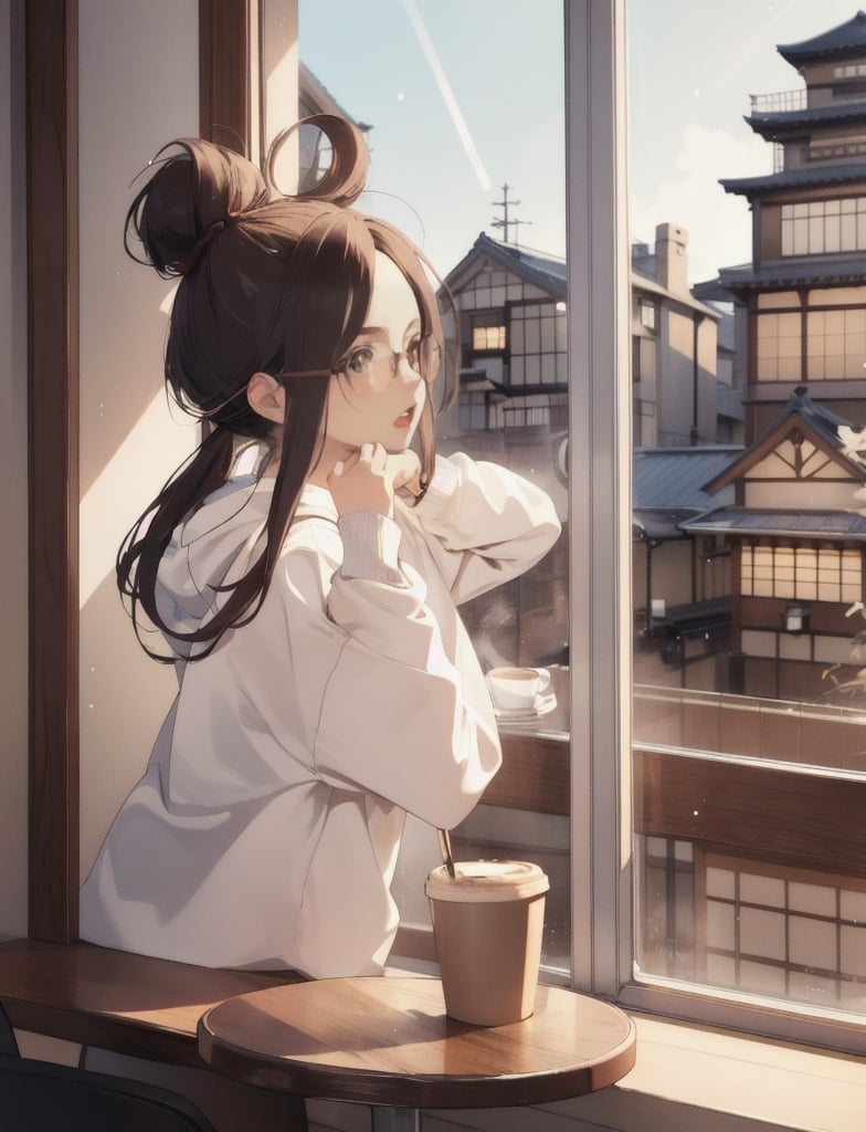 Masterpiece, Top Quality, 1 girl, big round glasses, dark rimmed glasses, long shaggy hair, hair tied back, coffee shop, reaching up, looking out window, Japan, sloppy sweatshirt, window seat, high definition, yawning, artistic composition