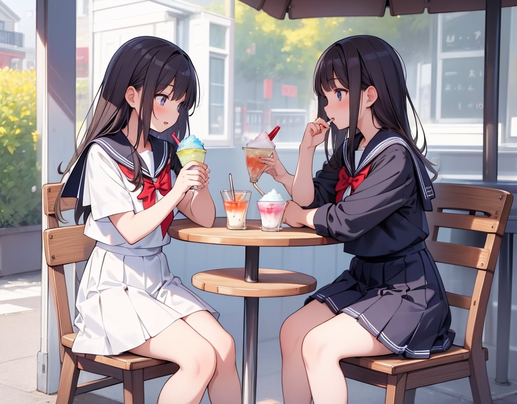 (masterpiece, top quality), high definition, artistic composition, two girls, open cafe, sitting opposite each other, shaved ice, spoon in hand, talking, looking away, sailor suit, school uniform, summer dress, crossing legs, feminine gesture, side view, portrait, summer, hot, excited