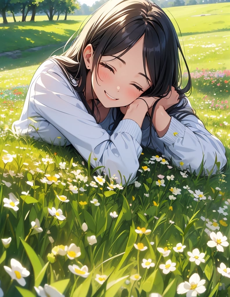 Masterpiece, Top quality, High definition, Artistic composition, 1 girl, lying in clover field, from above, eyes closed, smiling, hands behind head, Dutch angle, upper body, clover flowers, warm, pleasant, resting