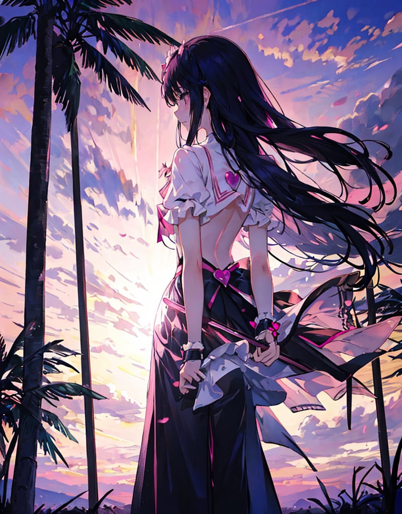 (masterpiece, top quality), high definition, artistic composition, 1 girl, 15 years old, pink magical girl, from behind, palms together in front of chest, looking away, from behind, back visible, sunset, backlit, dirty, tired, suspicious sky color, dramatic, high contrast, wilderness, animation