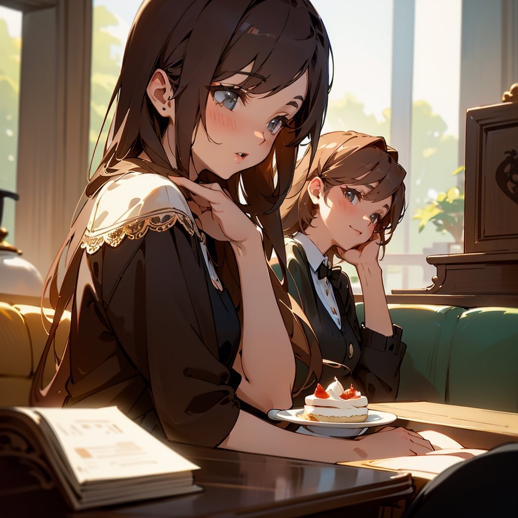 Masterpiece, Top quality, High definition, Artistic composition, Two girls, Friends, Coffee store, Sitting eating shortcake, Smiling, Talking, Looking away, Retro store, From side, Impressive light, Portrait, Fork in hand, High color temperature
