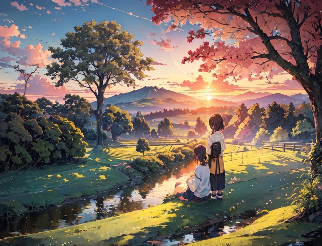 Masterpiece, Top Quality, 2 Girls, Casual Spring Fashion, Back View, Sitting, Standing, Beautiful Japanese Nature Landscape, Rural Scene, Stream Running, One Big Tree Standing, Sunset, Striking Sky Color, Looking Away, High Definition, Emotional, Big Clouds, Wide Sky