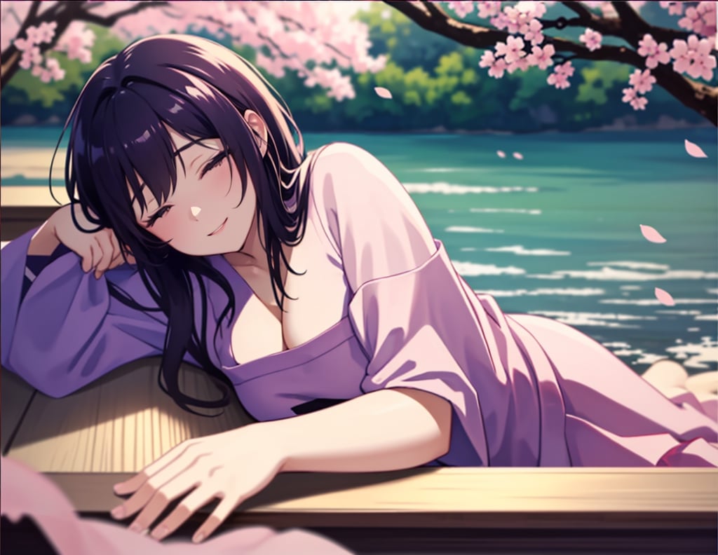  Masterpiece, top quality, high definition, artistic composition, one woman, anime, overhead shot, sleeping with eyes closed, resting, leaning back, mature, 18 years old, smile, casual fashion, Japan, high definition, cherry blossom frame, lying on plastic sheet, portrait,<lora:659111690174031528:1.0>