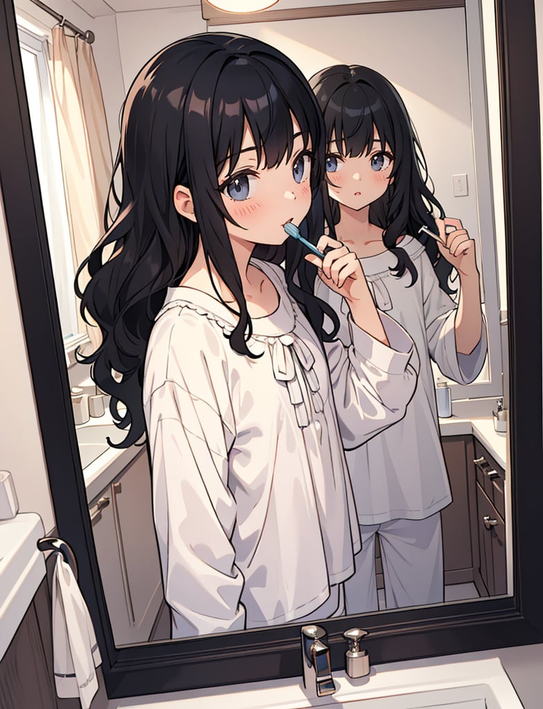 (masterpiece, top quality), high definition, artistic composition, 1 girl, pajamas, brushing teeth at sink, looking up, fringe bothering her, hand touching fringe, looking at self in mirror, shaggy hair, wavy hair, morning, portrait, black hair, noh, relaxed