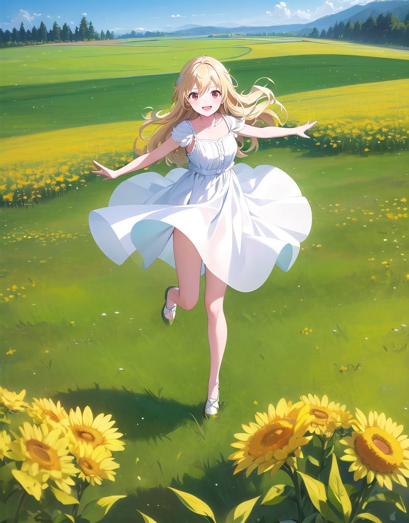 (masterpiece, top quality), high definition, artistic composition, 1 girl, flying pose, cheerful, meadow, composition from above, smiling, blonde hair, sparkling, white dress, healthy, impressive light, wind blowing, red eyes, divine