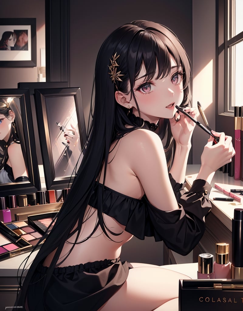 Masterpiece, top quality, high definition, artistic composition, 1 girl, (wearing makeup), cosmetics, looking into makeup table, from side