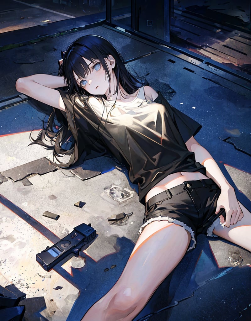 (masterpiece, top quality), high definition, artistic composition, 1 girl, 15 years old, expressionless, (holding a pistol), darkness, in ruins, plain t-shirt, shorts, lying on her back on the ground, danger, crisis, suspense