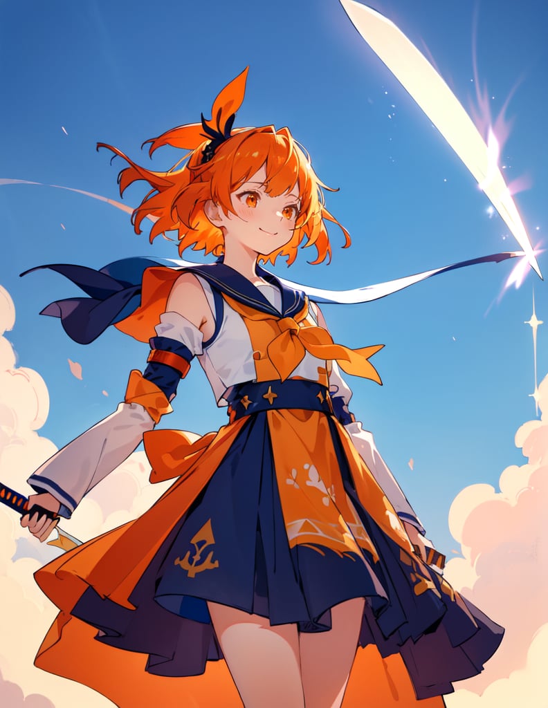 (Masterpiece, Top Quality), High Definition, Artistic Composition, 1 girl, smiling, orange sailor suit, fantasy light armor, cool sword, looking away, composition from below, indigo hair, staring into distance, wind blowing, anime, battle dress