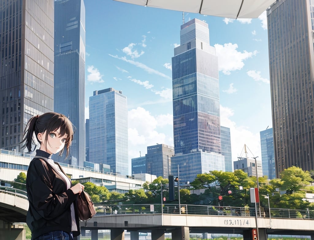 masterpiece, top quality, 1 girl, casual spring coordination, nice weather, date, downtown Tokyo, dingy 2 story apartment, skyscrapers in far distance, high definition, portrait, artistic composition