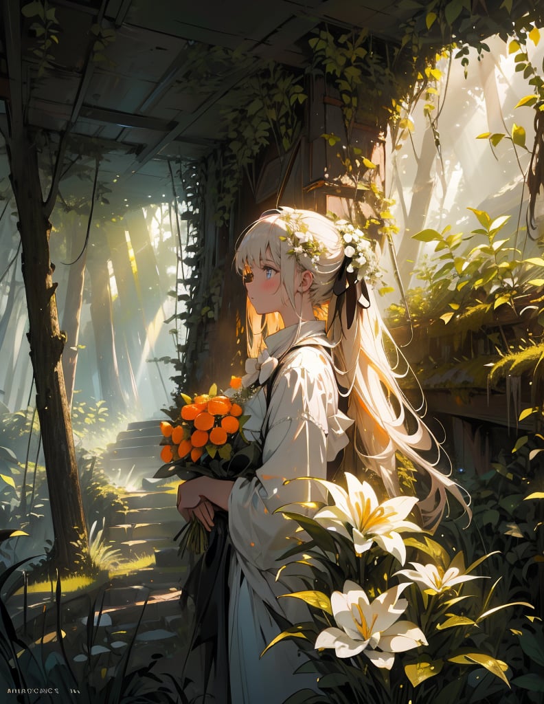 Masterpiece, Top Quality, High Definition, Artistic Composition, One Girl, Offering White Bouquet, From Side, Dirty Rough Clothes, Orange Ribbon, Looking Away, Mossy Statue of a Brave Man, In Forest, Light Shining, Impressive Light, Dramatic, Fantasy, High Contrast