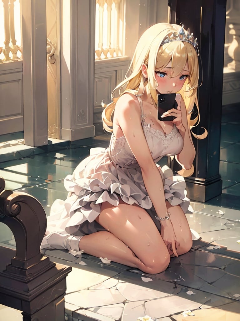 Masterpiece, Top Quality, 1 girl, (Operating Smartphone:1.3), staring at Smartphone, blonde hair, sweating, kneeling, stooping, clenching teeth, gorgeous white dress, tiara, in palace, beautiful light blooming, fantasy, high definition, artistic composition, hiding