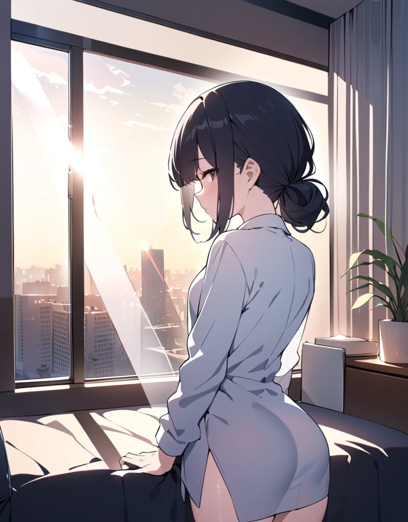 (masterpiece, top quality), high definition, artistic composition, 1 woman, standing in front of window, from behind, large white shirt, hair scraped up, shining, transparent, long black hair, morning, morning sun, striking light, backlit, hotel high-rise room, beautiful