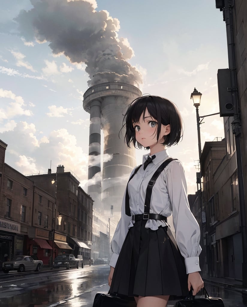 Masterpiece, Top Quality, High Definition, Artistic Composition, 1 girl, blank expression, white shirt, black skirt, 1960s London streets, short hair, poor clothing, gray sky, big factory, lots of chimneys, lots of smoke coming from big chimney, melancholy, dark, wide shot, portrait, slum, black fog, 13-year-old girl, looking away, yellow street lamp