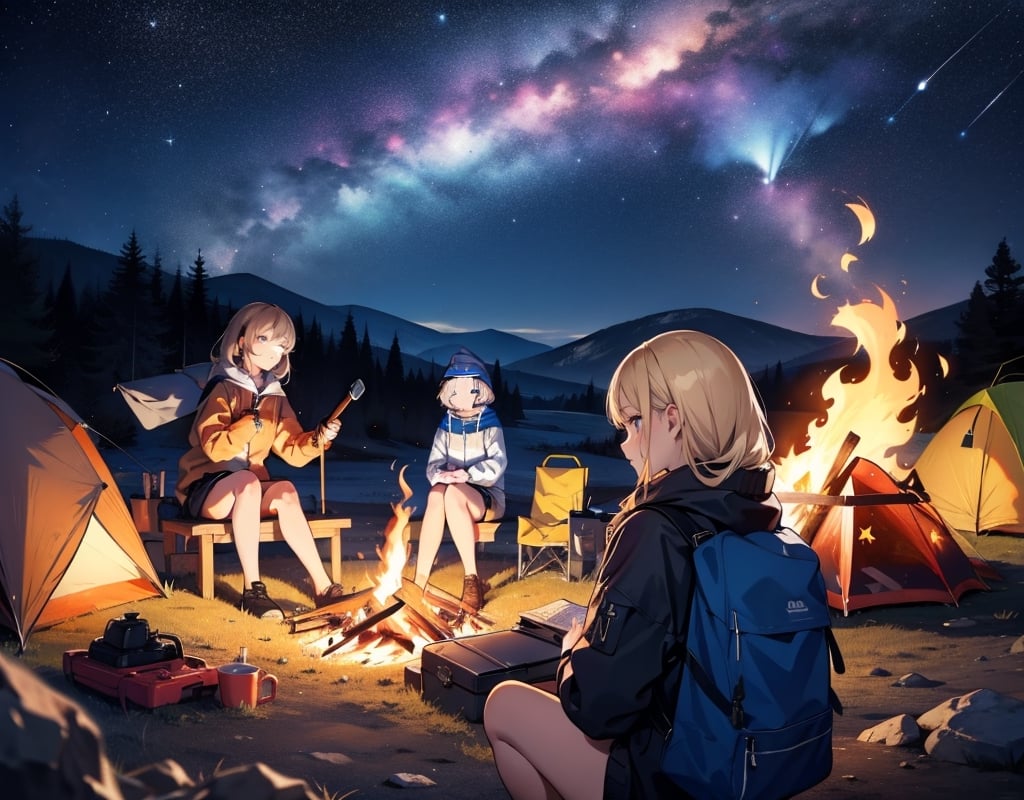 Masterpiece, top quality, high definition, artistic composition, realistic, girls around bonfire, fun, starry sky, magnificent nature, camping
