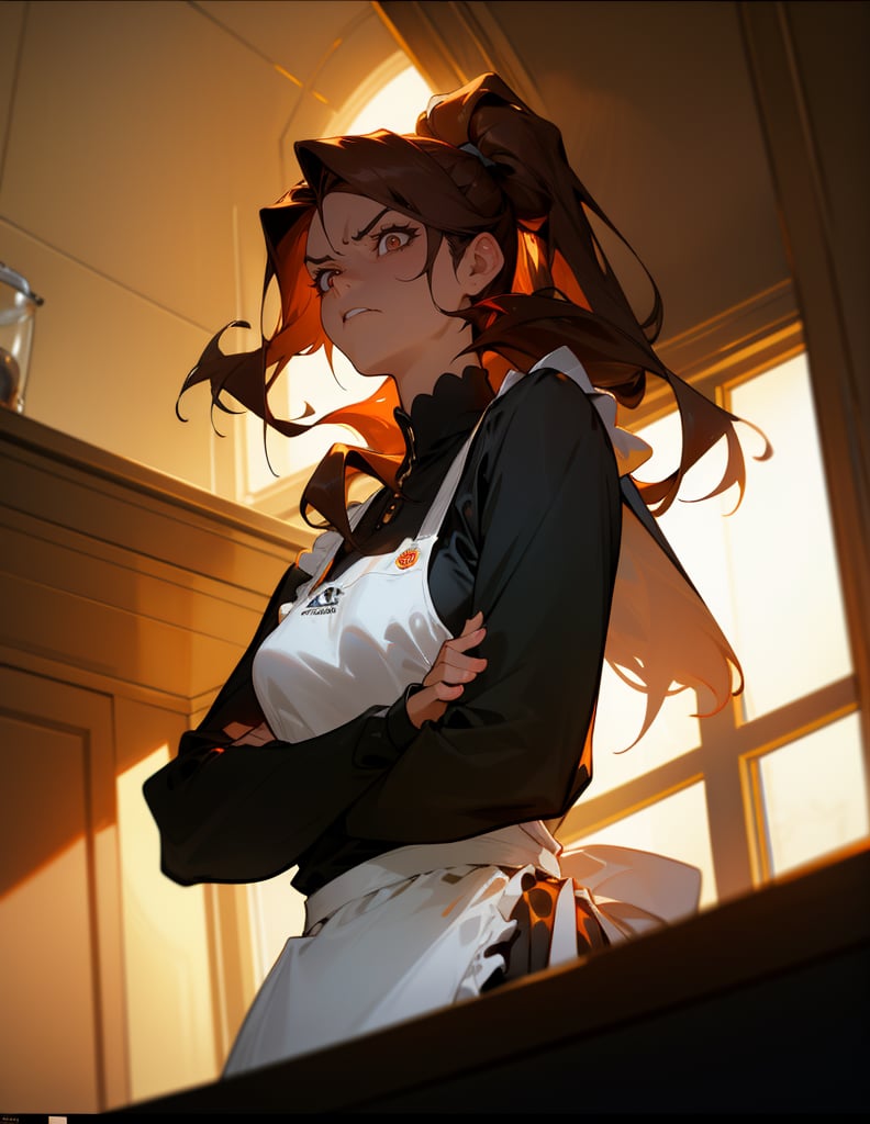 (masterpiece, top quality), high definition, artistic composition, 1 female, dark hair, long hair, from below, arms crossed, scary face staring, backlit, apron, kitchen, hair tied back, Dutch angle, striking light, Angry, Wife.