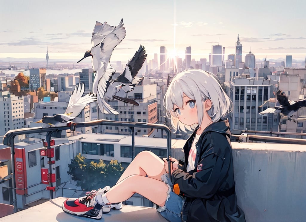 Masterpiece, top quality, 1 girl, 13 years old, girl, plain clothes, country girl, sitting on high roof, retro cityscape below, looking down on city, high definition, artistic composition, retro, beautiful light, wide angle, lots of birds flying