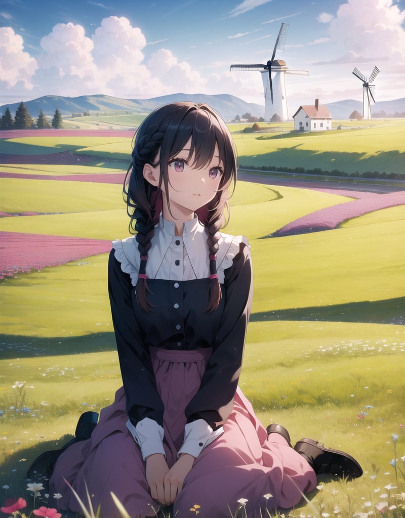 Masterpiece, Best Quality, High Definition, Artistic Composition,1 girl, meadow, sitting sideways, yokozuwari, magenta dress, braids, looking away, wind blowing, giant windmill, blue sky, white clouds, wide shot