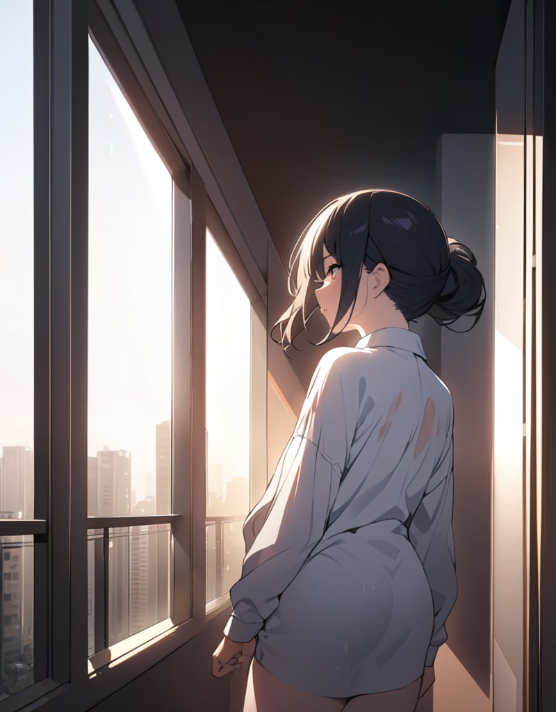 (masterpiece, top quality), high definition, artistic composition, 1 woman, standing in front of window, from behind, large white shirt, hair scraped up, shining, transparent, long black hair, morning, morning sun, striking light, backlit, hotel high-rise room, beautiful