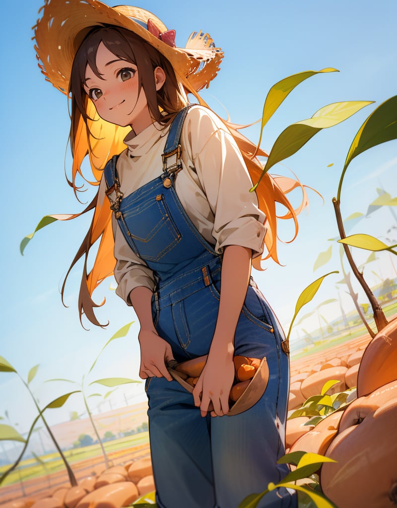 (masterpiece, top quality), high definition, artistic composition, 1 girl, smiling, harvesting sweet potatoes, denim overalls, beige innerwear, straw hat, sweet potato field, blue sky, nature, from below, sweet potato and vine in hand