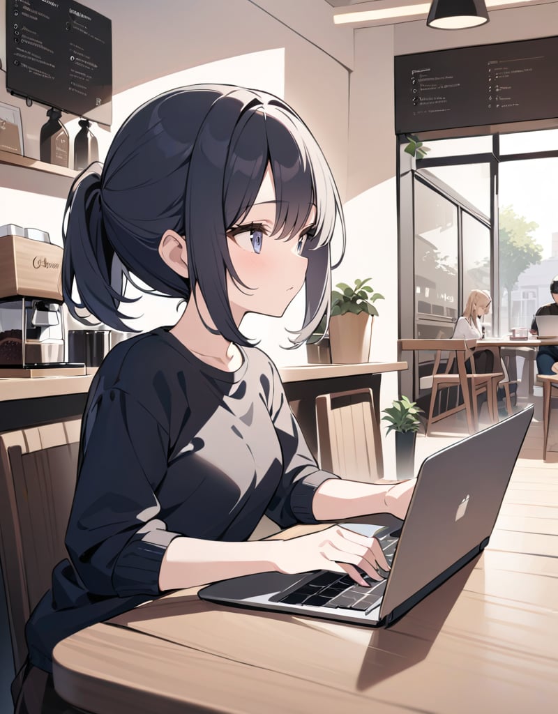 (masterpiece, top quality), high definition, artistic composition, one girl, coffee shop, drinking coffee in a cup at a table, looking away, operating a laptop, at work, concentrating, cutter shirt,