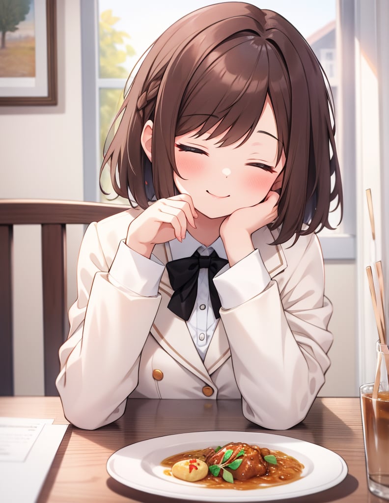 Masterpiece, Top Quality, High Definition, Artistic Composition,1 girl, brown hair, smiling with eyes closed, rapt, blushing, wavy hair in bob cut, white blazer, school uniform, black ribbon across chest, eating curry rice on a flat plate at table, holding spoon, hand on cheek, girlish gesture, dining table, dining room, portrait, homey, condensation on glass of water