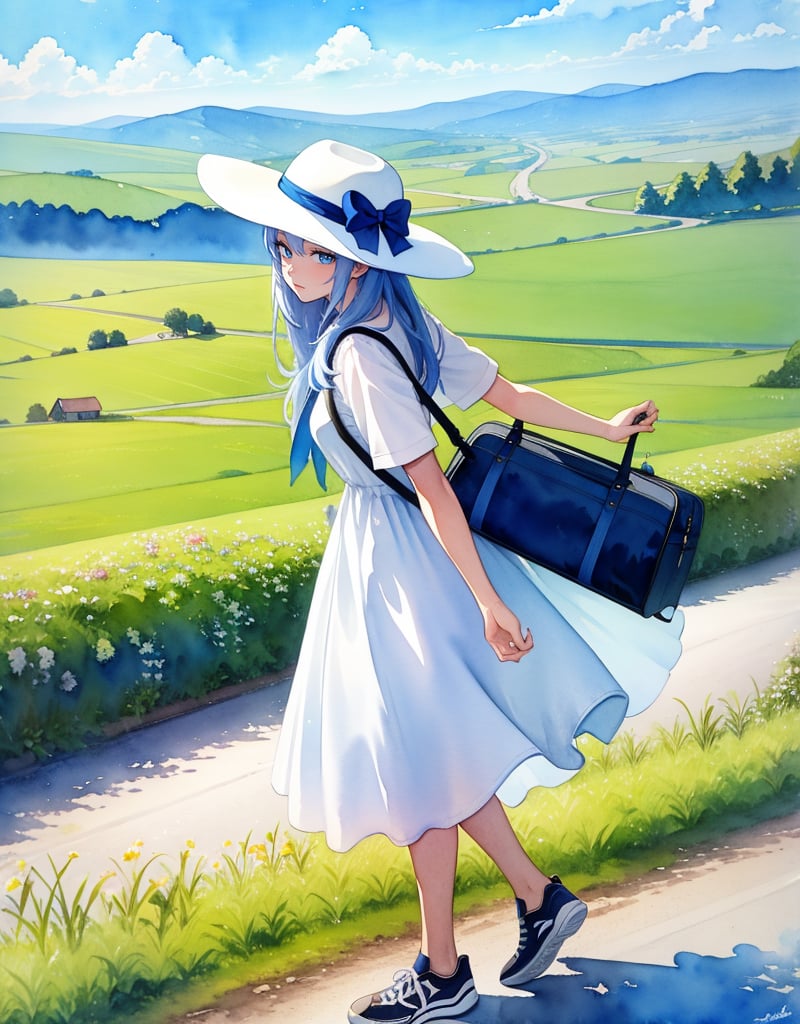 (masterpiece, top quality), high definition, artistic composition, 1 girl, (watercolor), overlooking French countryside, road leading to hill, country road, walking, travel bag, casual fashion, sneakers, artistic, Blue sky, daily life, hat, traveler