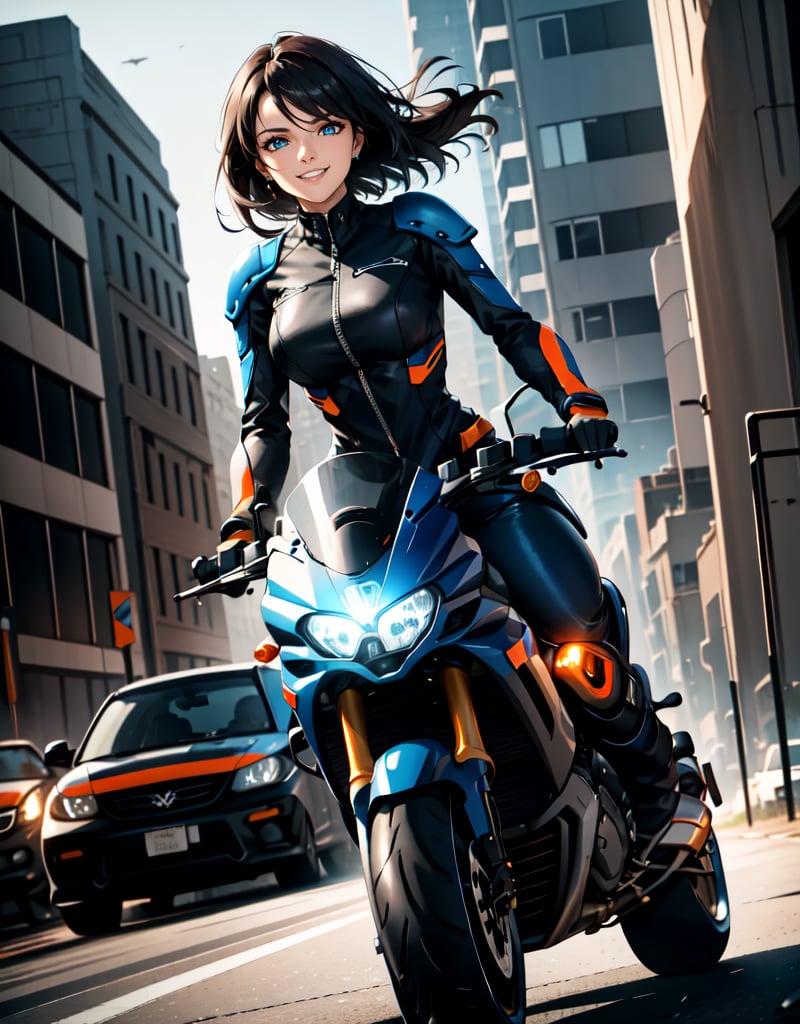 (masterpiece, top quality), high definition, artistic composition, 1 woman, dark hair, smiling, driving a large motorcycle, blue rider suit, black and orange motorcycle, futuristic, front view, dynamic, fast moving feeling, dilapidated city, crumbling buildings, bold composition, Dutch angle, science fiction, motion blur, perspective