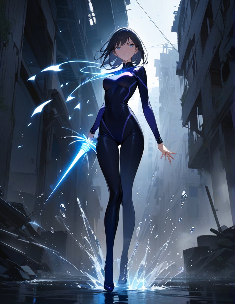 (masterpiece, top quality), high definition, artistic composition, 1 woman, blue wizard, slender costume, cool magic wand, glowing, serious face, standing with feet together, on tiptoe, abandoned building street, water spurting from feet, water drops and light dancing, splashing, in battle