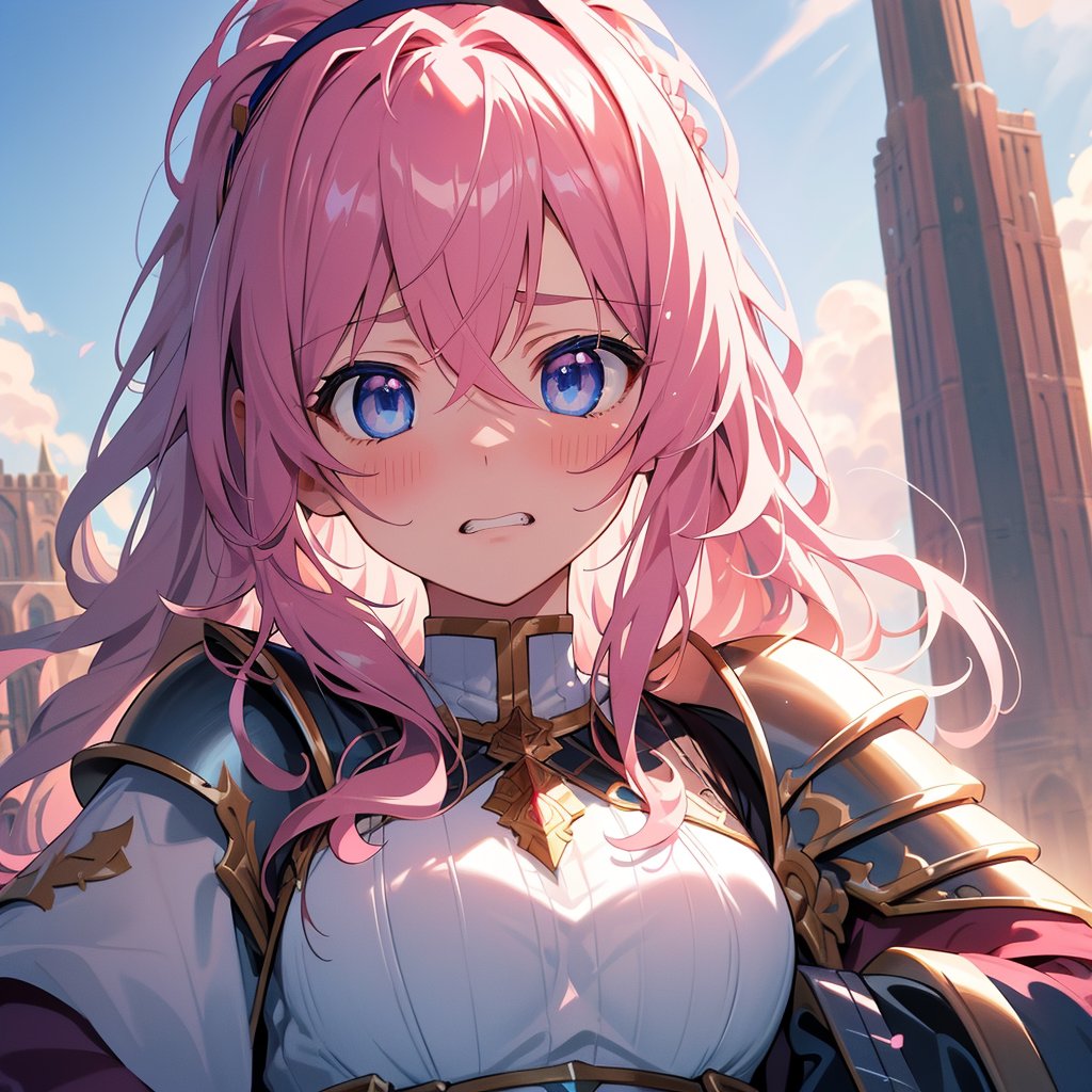 (masterpiece, top quality), high definition, artistic composition, 1 girl, pink wavy hair, hair band, armor, blue eyes, disgusted face, gritted teeth, sweating, close-up of face, from below, fantasy, brick building, looking down, close-up of palm