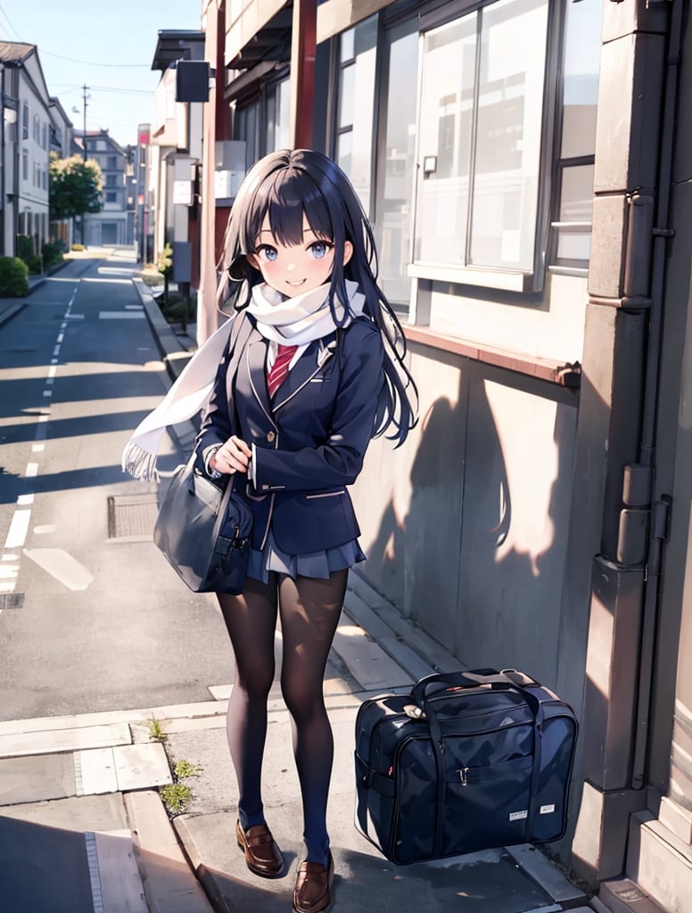 Masterpiece, Best Quality, 1 girl, smiling, right hand out in front, greeting, blazer, school uniform, school uniform, school bag, pantyhose, Japan, morning, school route, standing tall, from behind, artistic composition, refreshing, high definition, strong sunlight, white scarf, full body, standing on a hill