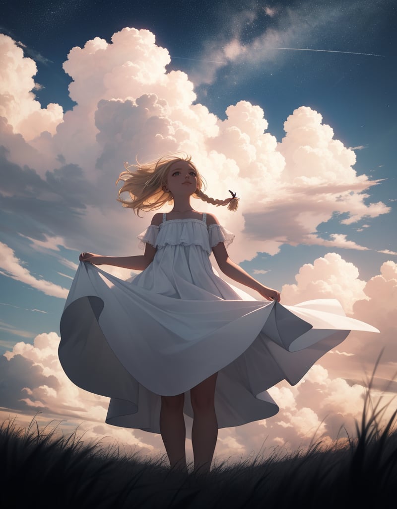 (masterpiece, top quality), high definition, artistic composition, 1 girl, blonde hair, braids, large hair band, white ruffled dress, from below, cirrus clouds, dark sky, large field, looking up to heaven, striking light, dusk, wide shot, high contrast