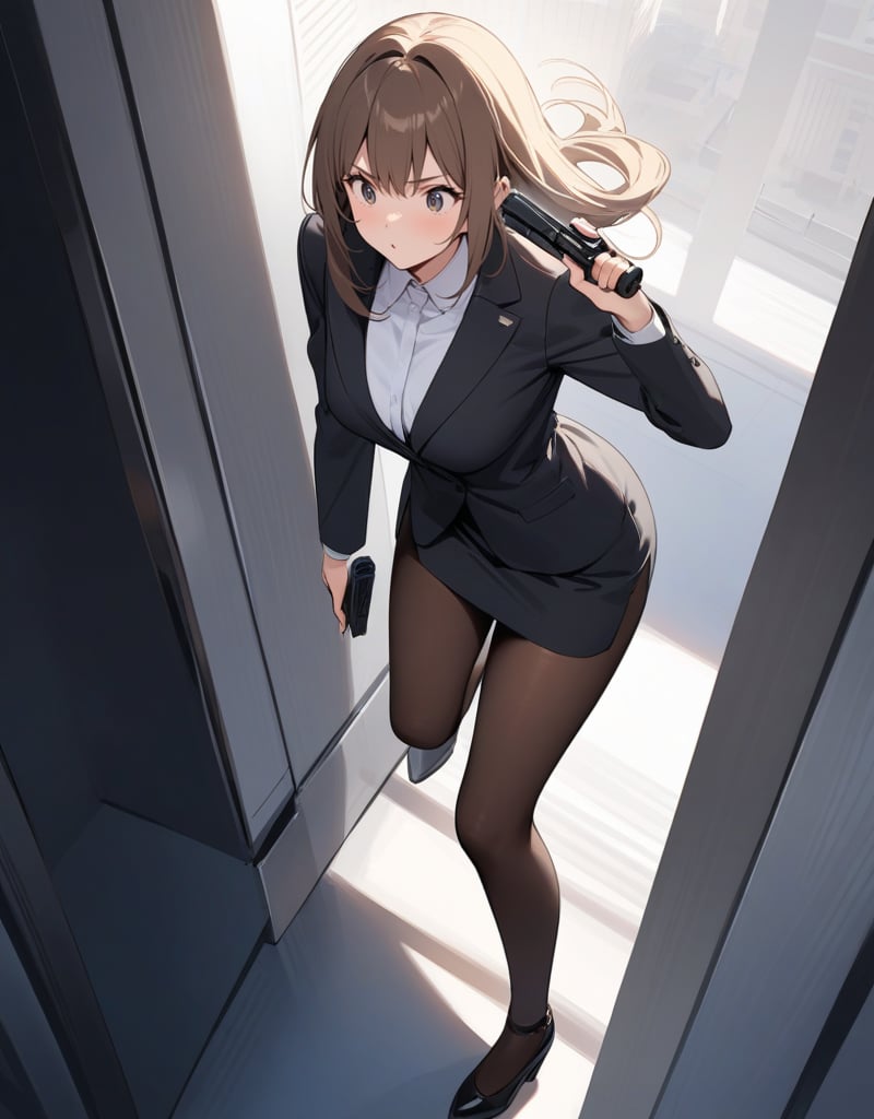 (masterpiece, top quality), high definition, artistic composition, 1 woman, business suit, brown pantyhose, surprised, crouching, building shadow, hold a pistol and take aim, looking away, hiding, suspense, Dutch angle, lower posture