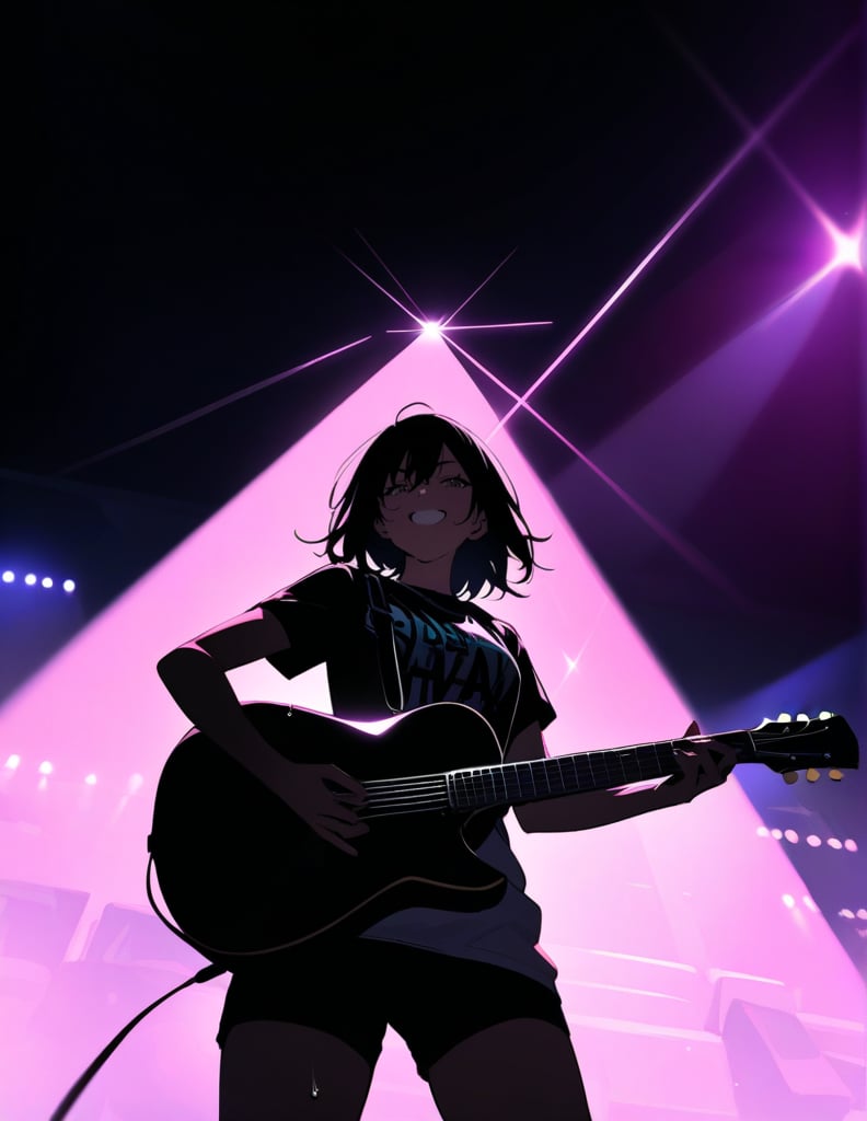 Masterpiece, Top Quality, High Definition, Artistic Composition,1 girl, playing guitar, rock band, concert, smiling, sweat, urban casual, right hand raised, from below, lighting, lively, mouth open, bold composition, striking light