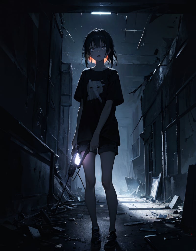 (masterpiece, top quality), high definition, artistic composition, 1 girl, 15 years old, scared, tears in her eyes, (holding flashlight), darkness, in ruins, plain t-shirt, shorts, frightening, terror, pitch black, jet black, dark background