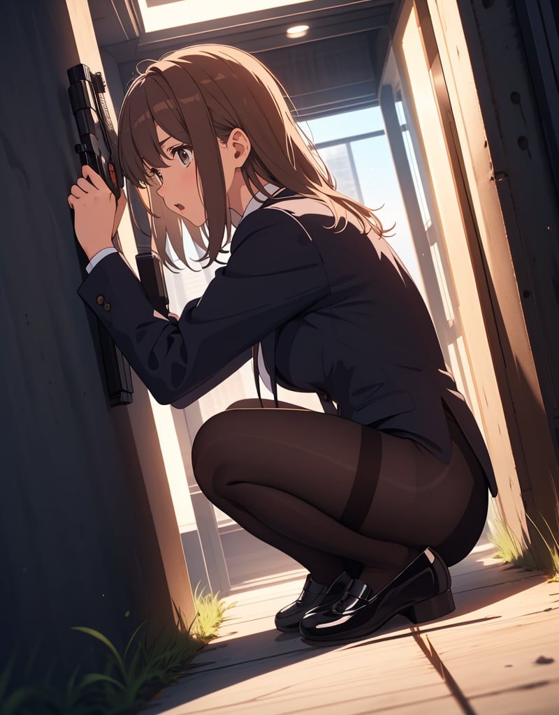 (masterpiece, top quality), high definition, artistic composition, 1 woman, business suit, brown pantyhose, surprised, crouching, building shadow, hold a pistol and take aim, looking away, hiding, suspense, Dutch angle, lower posture