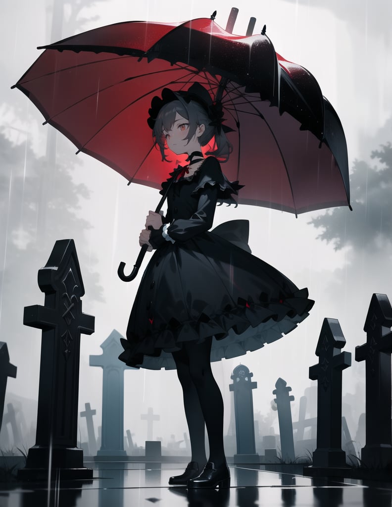 Masterpiece, Top Quality, High Definition, Artistic Composition,1 girl, umbrella, standing, gothic lolita, dark face, raining, smoking in the rain, dark graveyard, striking, from front, wide shot, eerie atmosphere, red choker, dark sky,girl